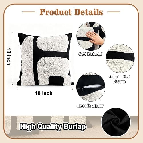 LandIdyll 4 Pcs Black and Cream Chunky Tufted Pillow Covers 18 x 18 Inch Boho Black and White Throw Pillow Covers Set Decorative Modern Abstract Geometric Pillowcase for Living Room Bed Couch Sofa thumbnail 2