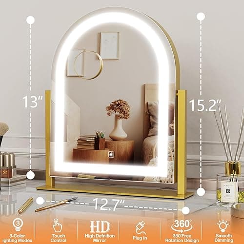 Gvnkvn Lighted Makeup Mirror, Hollywood Vanity Mirror with Lights, Three Color Lighting Modes, LED Mirror, Smart Touch Control, 360°Rotation (15.2in. Curved) thumbnail 3