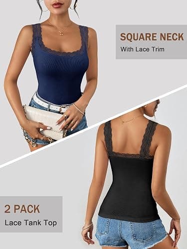 Ibeauti 2 Pack Lace Camisole Tank Tops for Women Sleeveless Summer Going Out Tops Ribbed Cami Undershirts thumbnail 2