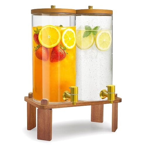 VERSSURE 2PCS Drink Dispenser, 1.5 Gallon Each Glass Beverage Dispenser with Wood Stand and Stainless Steel Faucet Ideal for Juice, Lemonade, and Tea,Large Drink Dispenser for Parties and Home Use - Image 1