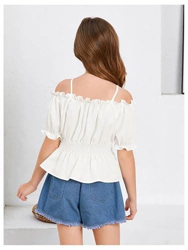 WDIRARA Girls Cold Shoulder Top Cute Ruffle Trim Puff Sleeve Shirt Casual School Holiday Peplum Blouse thumbnail 3