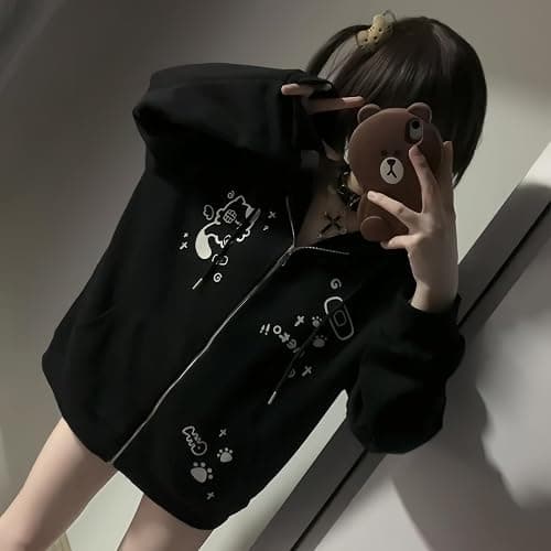 Dynict Womens Y2K Zip Up Cute Graphic Hoodies Cat Ears Casual Cartoon Harajuku Kawaii Clothes Oversize Streetwear Jacket thumbnail 3