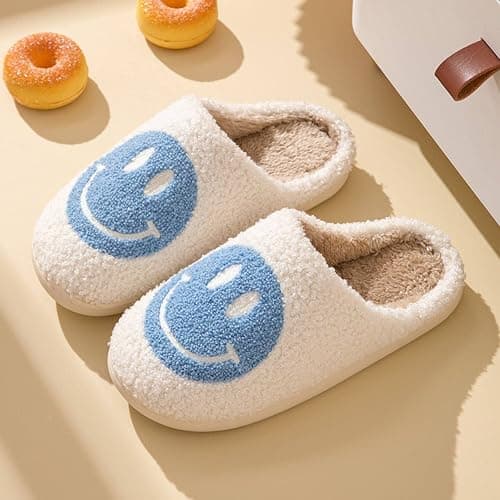 FACAXEDRE Smile Face Slippers for Women - Indoor Outdoor Retro Happy House Slides, Soft Fluffy Cushion Furry Shoes - Blue - 6.5-7.5 Women/5.5-6.5 Men thumbnail 2