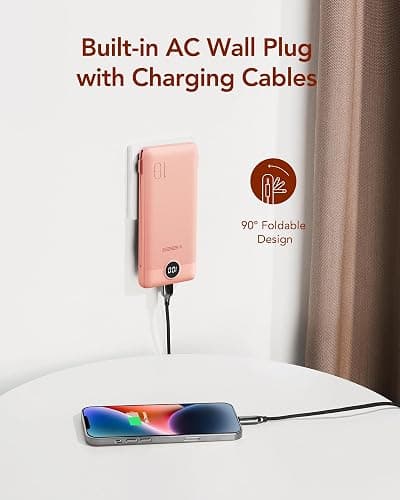VEGER Portable Charger with Built-in AC Plug and Cables, All in One 10000mAh Ultra Slim Power Bank Travel Essentials, Fast Charging Battery Pack Compatible with iPhone, Samsung, More(Dark Pink) thumbnail 3