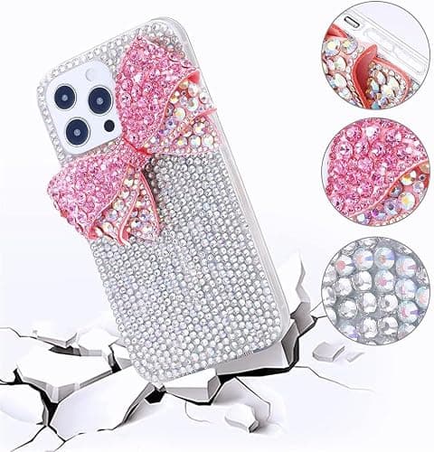 Max-ABC for iPhone 14 Plus Bling Glitter Case,3D Cute Bow Diamond Women Girls Cover Luxury Shiny Sparkle Crystal Rhinestone Gems Bumper Clear Protective Phone Case,Bow Pink thumbnail 2