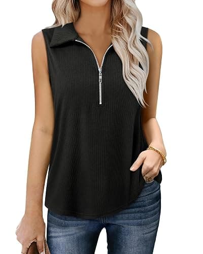 Vivilli Womens Ribbed Tank Top Zipper V Neck Dressy Casual Blouses Sleeveless Camisole Tops Work Tank Polo Shirts thumbnail 4