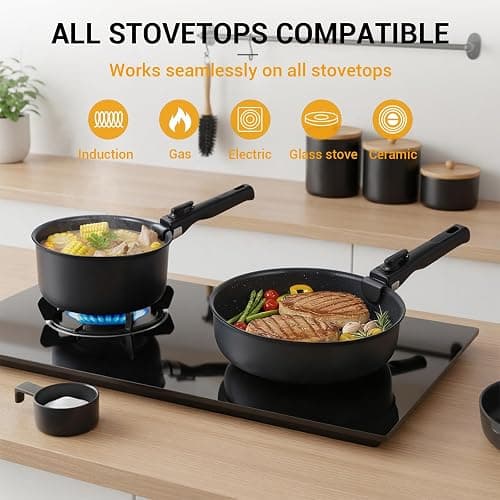 Ammeloo 21-Piece Ceramic Pots and Pans Set Non Stick with Detachable Handles and Egg Frying Pan, Non-Toxic Cookware, Induction Ready, Oven Safe, Stackable for Storage, Black Speckled thumbnail 7