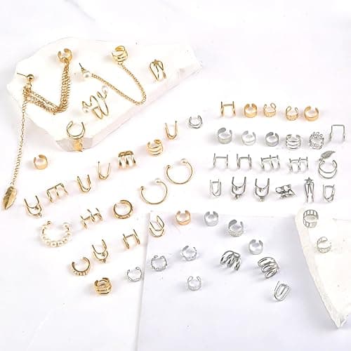 Sdfvsdg 60 Pcs Ear Cuff Earrings for Women Non Piercing Helix Cartilage Silver Gold Plated Clip on Earrings Ear Wrap Earring for Sensitive Ears Women Men Fake Earring Set thumbnail 2