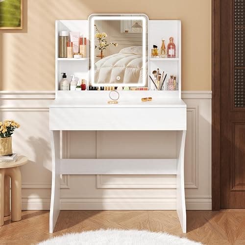 Vinabilia Small Vanity Desk with Mirror and Lights, Makeup Vanity with Storage Drawer, 2 Shelves and 3 Compartments - White thumbnail 7