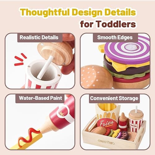 Smartwo Cibo Giocattolo per Bambini, Set di Legno per Hamburger e Patatine Fritte, Fast Food Playset, Alimenti Finto, Accessori Cucinetta, Giochi in Cucina per 2 3 4 5 6 Anni, Regalo Bambino thumbnail 4