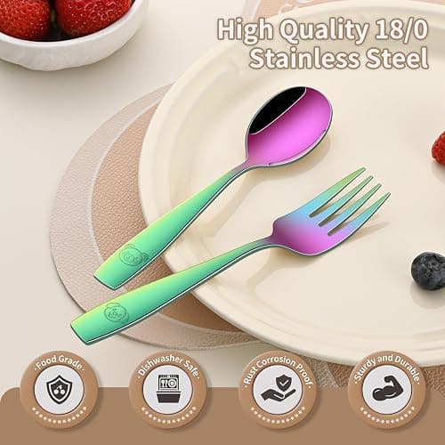 DEHOV Rainbow Toddler Eating Utensils Set,Set Of 12 Food Grade Stainless Steel Silverware Sets For Kids,Dishwasher Safe Children Small Metal Spoons And Forks Flatware Sets thumbnail 6