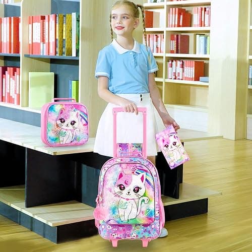 KLFVB Rolling Backpack for Girls Boys, Kids Roller Wheels School Bookbag with Lunch Bag, Wheeled School Bag for Children thumbnail 2