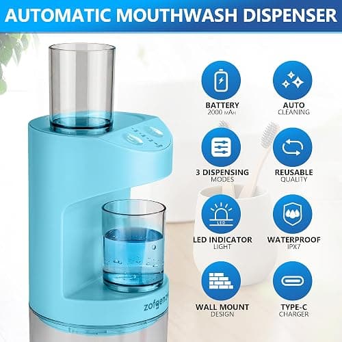 ZOFGENOW Automatic Mouthwash Dispenser for Bathroom,Bathroom Accessories 19.4 Fl Oz Dispensers with Magnetic Cups,Wall Mounted Dispenser,Suitable for All Age Groups,Blue thumbnail 4