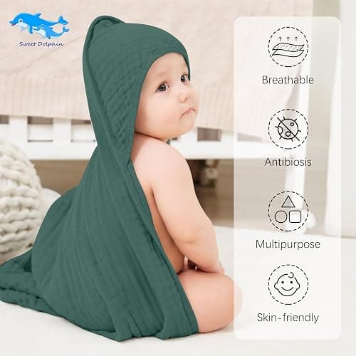 SWEET DOLPHIN Muslin Hooded Baby Bath Towels - 2 Pack 100% Cotton Towel for Babies, Infants, Toddlers - 32x32Inch - Highly Absorbent and Newborn Essential, Deep Emerald thumbnail 2