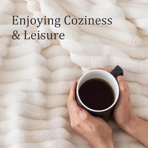 BEDELITE Fluffy Fleece Blanket Cosy Soft Throw, 127x152 cm, Cream White | Striped Design, Decorative for Sofa Bed Couch, Warm Gifts for Women and Girls thumbnail 5