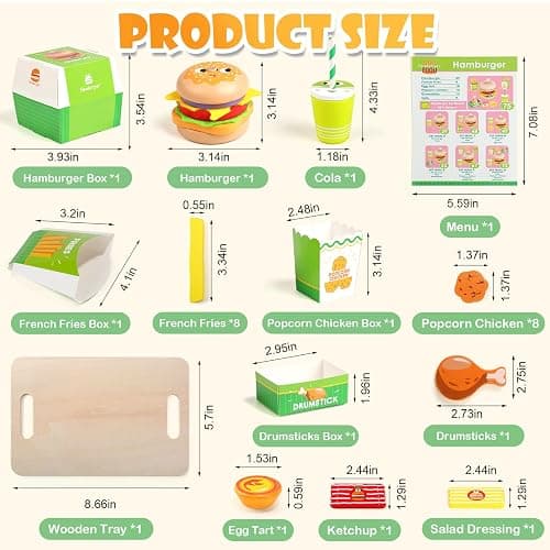 Wooden Hamburger Play Food Set for Kids, Fast Food Playset with Tray, Pretend Play Kitchen Accessories for Toddlers thumbnail 3