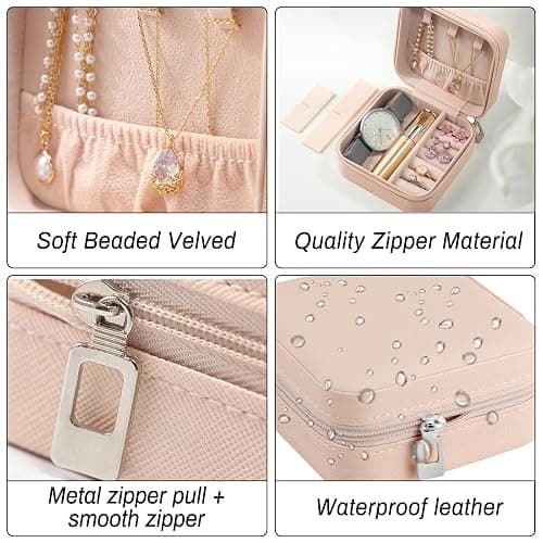 Mini Jewelry Box, PU Leather Small Travel Jewelry Case for Rings Earrings Necklaces Pink Portable Jewelry Organizer Box for Women(Pink) thumbnail 3