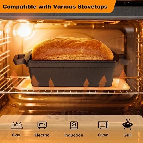 Heimekite 9×5 Inch Cast Iron Loaf Pan with Lid, bread pans for baking, 2 Piece Set | Even Heat Distribution Bread Baking Pan for Homemade Sandwich Bread, Banana Bread, Cakes, Meatloaf thumbnail 5