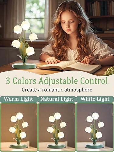 Green Flower Lamp for Home,Bedside Vintage Table Lamps,5 Lily of The Valley Reading Lights,3 Colors Modes Kawaii Bedside Lamp Decor,with G4 Bulb Nightstand Light for Living Room Office Bedroom - Green thumbnail 2