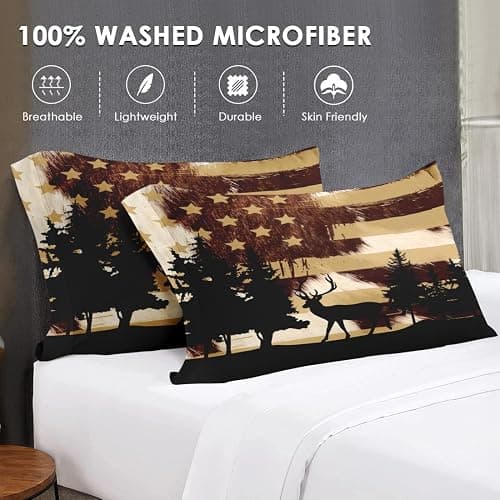 WeCozy Queen Size Comforter Set with 2 Pillowcases, Deer Animal Tree Cow Print 3 Pcs Bedding for Kids and Adults, Retro American Flag Soft Comforter Set for Bedroom Bed Decor thumbnail 7