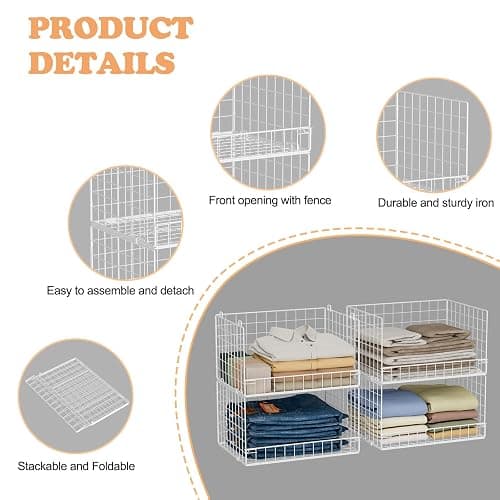 Yociyoga 4-Tier Stackable Closet Organizers and Storage Basket, Foldable Closet Shelf Organizer System, Space-Saving Clothes Storage Drawer Organizer for Wardrobe, White (Patent 30022416) thumbnail 4