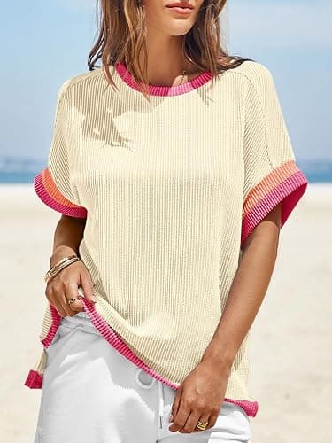 Tankaneo Womens Color Block Oversized Tops Summer Short Sleeve Tshirts | Casual, Textured Ribbed Knit, Loose Fit thumbnail 3