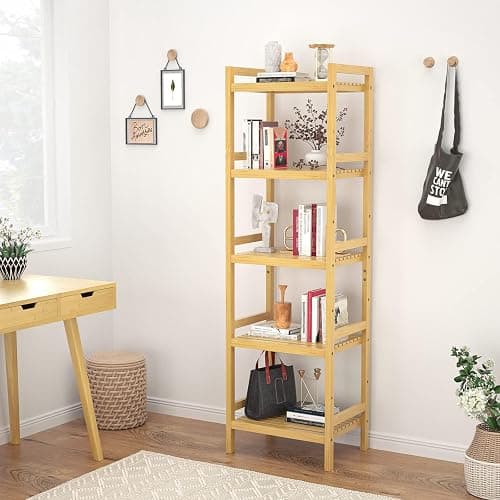 Homykic Bamboo Bookshelf, 5-Tier Narrow 55.9” Adjustable Book Shelf Bookcase Bathroom Shelves Freestanding Storage Stand for Living Room, Bedroom, Kitchen, Rust Resistance, Easy Assembly, Natural thumbnail 4