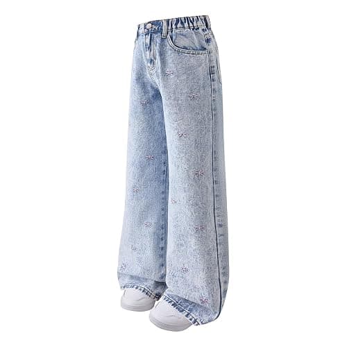 Baggy Jeans for Girls Cute Bow Jeans Y2K Wide Leg Elastic Waist Ripped Denim Pants Teens Back to School Trousers thumbnail 5