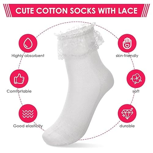WLLHYF Women Frilly Ankle Socks - Soft White Ruffle Fashion Ladies Princess Lace Cotton Cute Socks thumbnail 8