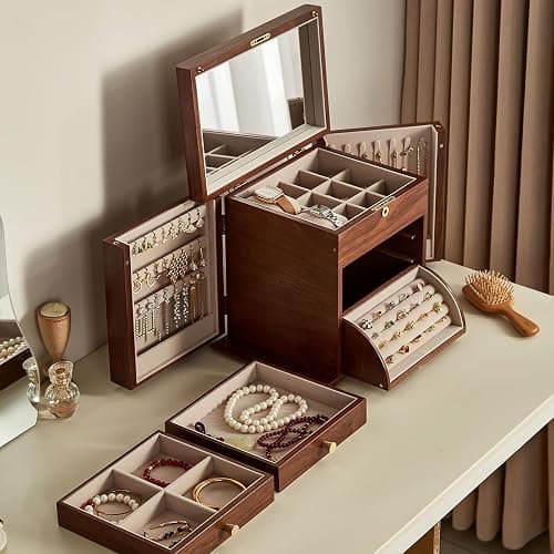 Homruilink Black Walnut Wooden Jewelry Box, Wood Jewelry Organizer with 2 Side Doors Mirror Lockable Classical for Watch Necklace Ring Earring Storage Christmas Gifts-4 Layer with Curved Ring Grooves thumbnail 4