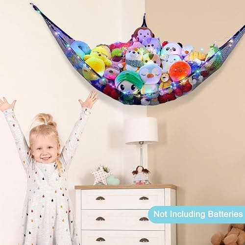 Unicorn Castle Stuffed Animals Net or Hammock Kids Toy Storage Organizer with LED Light Hanging Corner Stuffed Animals Holder Kids Girls Room Decor,Black,Large (Pack of 1) thumbnail 5