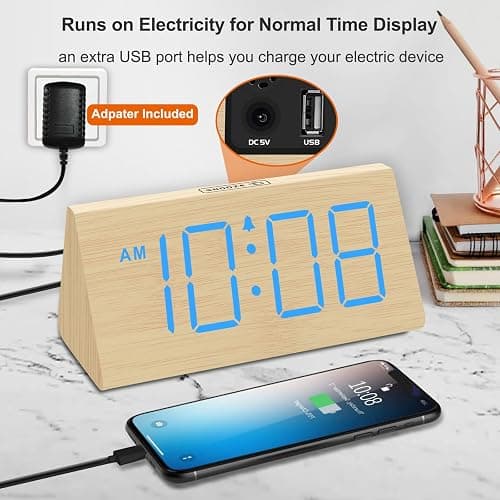 DreamSky Wooden Digital Alarm Clock for Bedroom - RGB Electric Desk Clock with Large Numbers, USB Port, Loud Alarm for Heavy Sleepers, Dimmer and Volume Control, Snooze, Wood Décor, Adapter Powered thumbnail 5