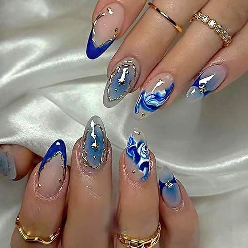 Blue Marble French Tip Press on Nails Long Almond Fake Nails with Design Glossy Gradient Acrylic Glue on Nail Reusable Full Cover Artificial Stick on Nail for Women DIY Manicure