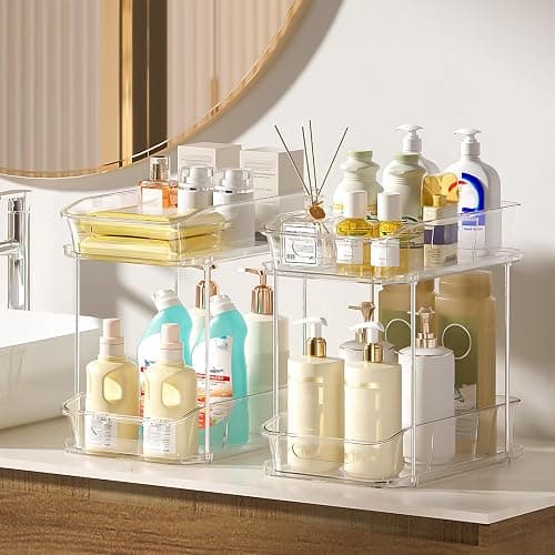 Delamu Bathroom Under Sink Organizers and Storage, 2 Pack, Clear | 2-Tier Multi-Purpose, Stackable, Pull Out Cabinet Kitchen Pantry Organization and Storage with Dividers thumbnail 6