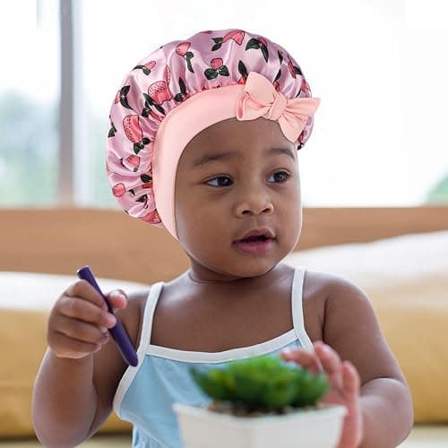 WEIPAO Kids Satin Bonnet - 3 Packs Baby Bonnet for Curly Hair Silk Sleep Cap with Adjustable Elasticated Soft Band for Child Toddler Baby - Purple+Light Pink+Yellow thumbnail 8