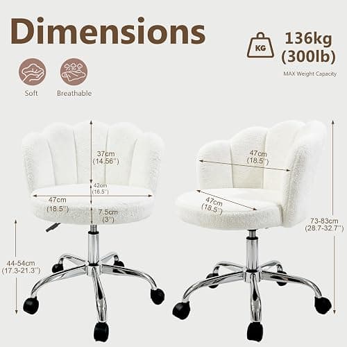 Vanity Chair with Teddy Fleece, Armless Swivel Desk Chair | Adjustable Height | 360° Swivel for Makeup | 47cm WideSeat for Bedroom, Home Office, Small Space | Up To 300lb(Cream White) thumbnail 3
