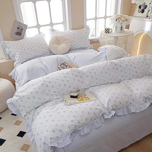 MOTNTD Blue Floral Duvet Cover Full Blue Ruffle Boho Comforter Cover Full Size Coquette Cotton Cozy Lightweight Duvet Cover Set with Hidden Zipper Cute Bedding Sets Aesthetic Duvet Protector thumbnail 7
