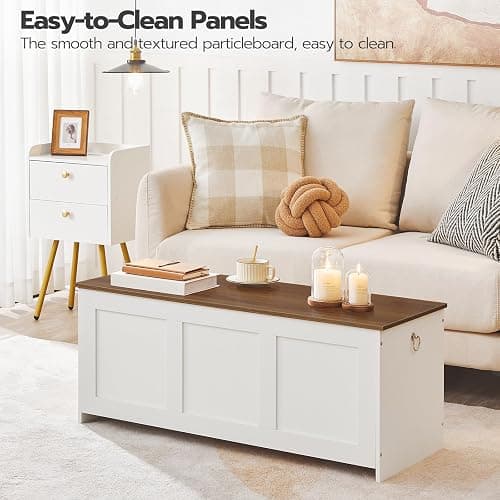HOOBRO Storage Bench, 39.3" Retro Wooden Storage Chest, Wooden Storage Trunk, Toy Chest with Lift Top, Multifunctional Entryway Organizer, for Entryway, Living Room, White and Walnut WH141CW01 thumbnail 4