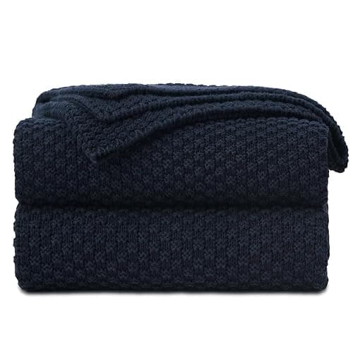 Longhui bedding Dark Navy Blue Knitted Throw Blanket for Couch, Soft, Cozy Machine Washable 100% Cotton Sofa Knit Blankets, Heavy 4.0lb Weight, 60 x 80 Inches, Dark Navy Blue Color. - Image 1