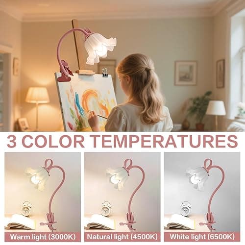 Clip On Light and Flower Bedside Table Lamp, Flexible Gooseneck Reading Book Light with 3 Color Modes, Night Light for Kids Nursery, Clip on for Desk, Bed Headboard, Dorm (Pink) thumbnail 2