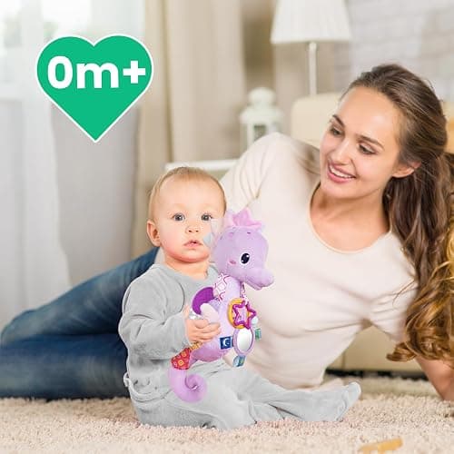 Sumobaby Infant Baby Musical Stuffed Animal Activity Soft Toys with Multi-Sensory Crinkle, Rattle and Textures, for Tummy Time Newborn 0-3-6-12 Months Girls,Seahorses - Purple with Baby Mirror thumbnail 2