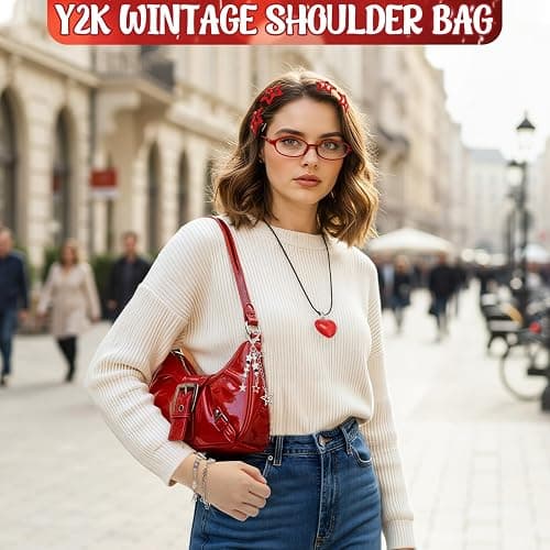 Sunnymove 12 Pcs Y2k Vintage Accessories Set, Red Shoulder Bag with Gothic Chain Clasp Star Hair Clips and Chain Heart Necklaces Small Oval Glasses 90s Suitable for Y2k Fashion Accessories thumbnail 3