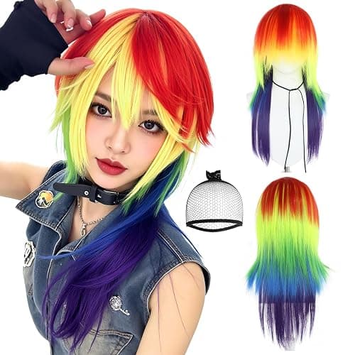 TIKJOYS (Wig Cap + Rainbow Wig for Women Men LGBT Long Straight Colorful Wigs for Pride Day Synthetic Anime Multicolor Wigs Colorful LGBT Costume Cosplay Hair for Halloween Party Mardi Gras Outfit - Image 1