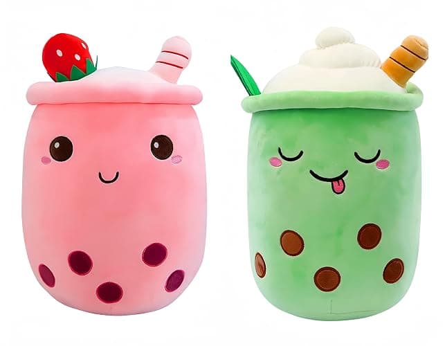2 Pack Bubble Tea Plush Cute Stuffed Animal Stuffy Milk Cup Plushie Pillow, Soft Kawaii Ice Cream Cupcake Toys Gifts for Kids (Pink & Green) - Image 1
