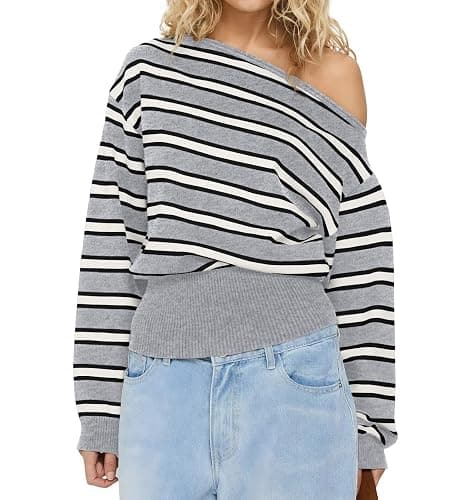 Cioatin Women One Off Shoulder Striped Crop Sweater Asymmetric Long Sleeve Loose Pullover Y2K Cute Knitwear Tops Fall Outfits - Image 1