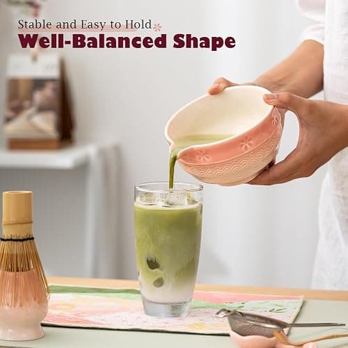 Matcha Tea Set, 8 Pcs Japanese Matcha Kit with Cherry Blossom and Wave Design Ceramic Bowl, Bamboo Whisk, Whisk Holder, Scoop, Sifter, Brush, Matcha Kit Set for Matcha Lovers (Pink Gradient) thumbnail 2