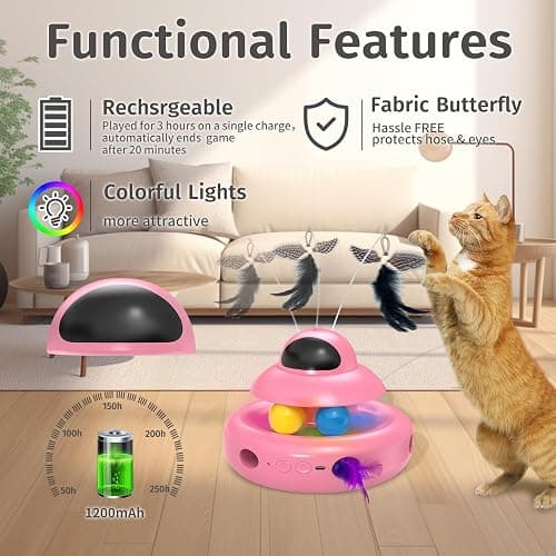 MOHAYA Automatic Cat Toys,4-in-1 InteractiveCat Toys for Bored Indoor Adult Cats, Electric Flying Butterfly,Rechargeable Moving Ambush Feather,Pink Kitter Toy Track Balls thumbnail 6