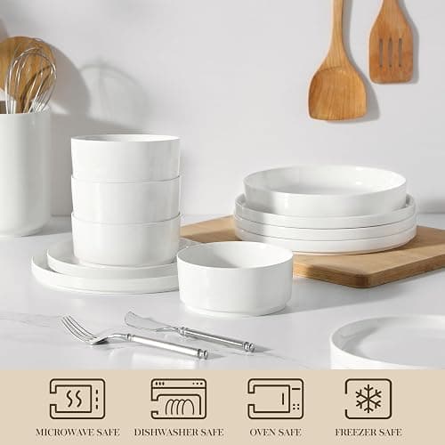 MALACASA 24 Pieces Porcelain Dinnerware Set, Modern White Dish Set for 6, Premium Serving Plates and Bowls Sets, Chip and Scratch Resistant Dishware Sets Kitchen Dishes Dining Ware Set, Series LEAH - Ivory White - 24 Piece (Service for 6) thumbnail 4