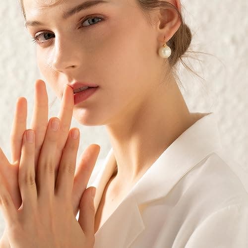 OwMell Elegant 925 Sterling Silver Pearl Drop Earrings Dangle Stud Gold Plated Earrings for Women Large Size 12mm thumbnail 3