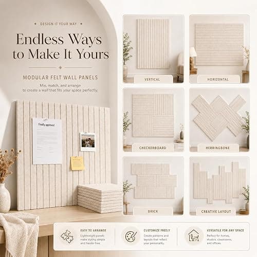 OceanBreezy Large Oatmea Felt Square Cork Board Alternative 6-Pack,36"x 24" | Felt Bulletin Board with 40 Removable Nano Adhesive Tabs & 40 Pushpins, Felt Wall Panels for Wall Home Office Classroom thumbnail 4